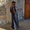 Women's Navy Pinstripe Long Blazer Coat with Shoulder Pads and a Double-Breasted Front