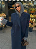Women's Navy Pinstripe Long Blazer Coat with Shoulder Pads and a Double-Breasted Front