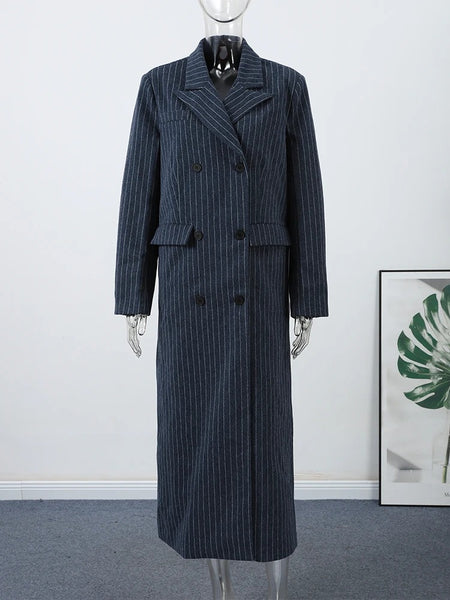 Women's Navy Pinstripe Long Blazer Coat with Shoulder Pads and a Double-Breasted Front