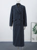Women's Navy Pinstripe Long Blazer Coat with Shoulder Pads and a Double-Breasted Front