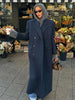 Women's Navy Pinstripe Long Blazer Coat with Shoulder Pads and a Double-Breasted Front