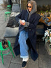 Women's Navy Pinstripe Long Blazer Coat with Shoulder Pads and a Double-Breasted Front