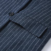 Women's Navy Pinstripe Long Blazer Coat with Shoulder Pads and a Double-Breasted Front