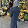 Women's Navy Pinstripe Long Blazer Coat with Shoulder Pads and a Double-Breasted Front