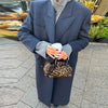 Women's Navy Pinstripe Long Blazer Coat with Shoulder Pads and a Double-Breasted Front