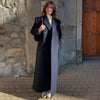 Women's Navy Pinstripe Long Blazer Coat with Shoulder Pads and a Double-Breasted Front