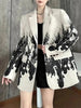 Women's Ink-Painting Blazer with Notched Lapels and Long Sleeves