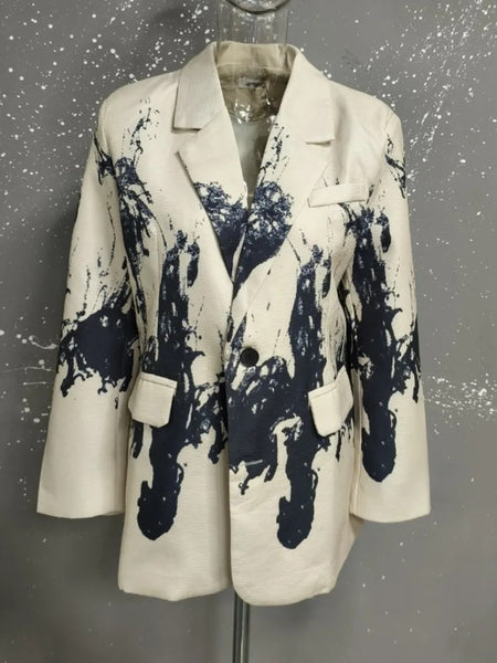 Women's Ink-Painting Blazer with Notched Lapels and Long Sleeves