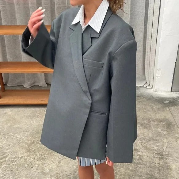 Women's Asymmetrical Blazer with Notched Lapels and Long Sleeves in Black Khaki or Gray