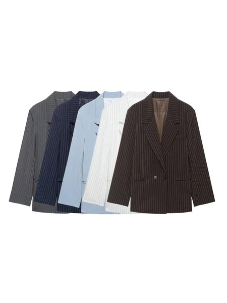 Women's Oversized Striped Blazer Coat with Long Sleeves and Front Pockets
