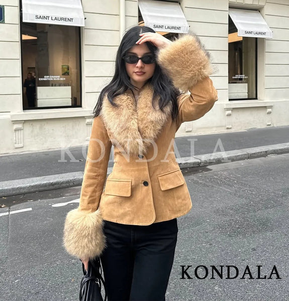 Women's KONDALA Fall Fur Collar Suede Blazer 's Elegant Buttons Slim Suit Autumn High Street Faux Fur Blazer