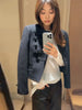 Women's Knit-Patchwork Blazer with Frog Closures and Shoulder Pads in Eight Styles