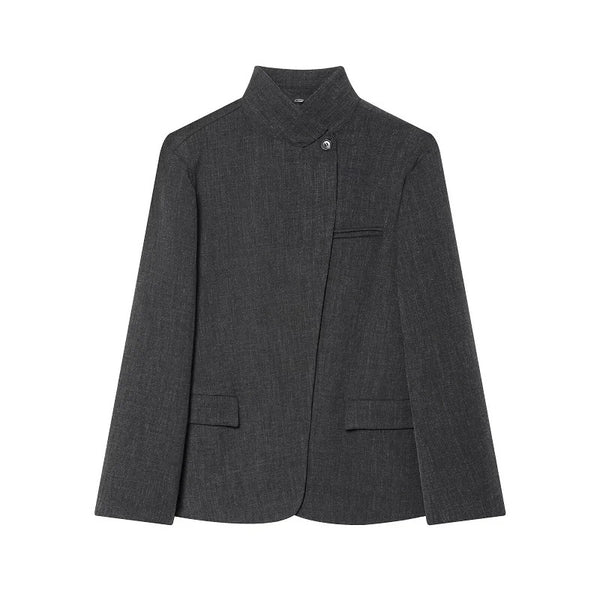 Women's Faux Wool Fitted Blazer Jacket with a Stand Collar in Dark Gray