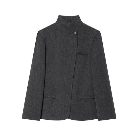 Women's Faux Wool Fitted Blazer Jacket with a Stand Collar in Dark Gray