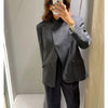 Women's Faux Wool Fitted Blazer Jacket with a Stand Collar in Dark Gray