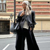 Women's Faux Wool Fitted Blazer Jacket with a Stand Collar in Dark Gray