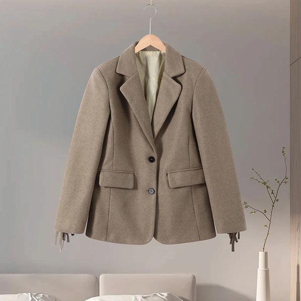Women's Brown Long-Sleeve Blazer with a Turn-Down Collar and Tassel Trim