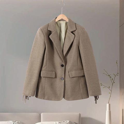 Women's Brown Long-Sleeve Blazer with a Turn-Down Collar and Tassel Trim