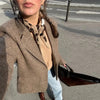 Women's Brown Long-Sleeve Blazer with a Turn-Down Collar and Tassel Trim