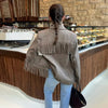 Women's Brown Long-Sleeve Blazer with a Turn-Down Collar and Tassel Trim