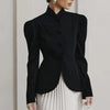 Women's Black Stand-Collar Blazer with Puff Sleeves for Autumn and Winter