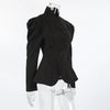 Women's Black Stand-Collar Blazer with Puff Sleeves for Autumn and Winter