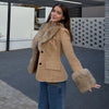 Women's Khaki Faux-Suede Blazer with a Faux-Fur Collar and Cuffs