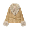 Women's Khaki Faux-Suede Blazer with a Faux-Fur Collar and Cuffs