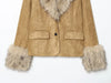 Women's Khaki Faux-Suede Blazer with a Faux-Fur Collar and Cuffs