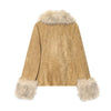 Women's Khaki Faux-Suede Blazer with a Faux-Fur Collar and Cuffs