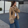 Women's Khaki Faux-Suede Blazer with a Faux-Fur Collar and Cuffs