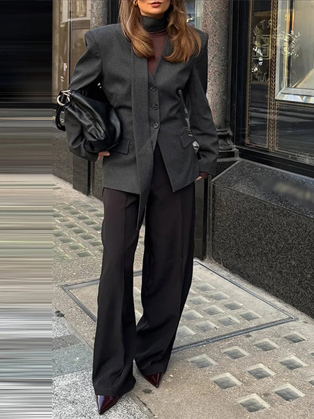 Women's Slim V-Neck Blazer with a Scarf Detail in Brown or Black