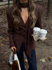 Women's Slim V-Neck Blazer with a Scarf Detail in Brown or Black