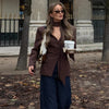 Women's Slim V-Neck Blazer with a Scarf Detail in Brown or Black