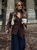 Women's Slim V-Neck Blazer with a Scarf Detail in Brown or Black