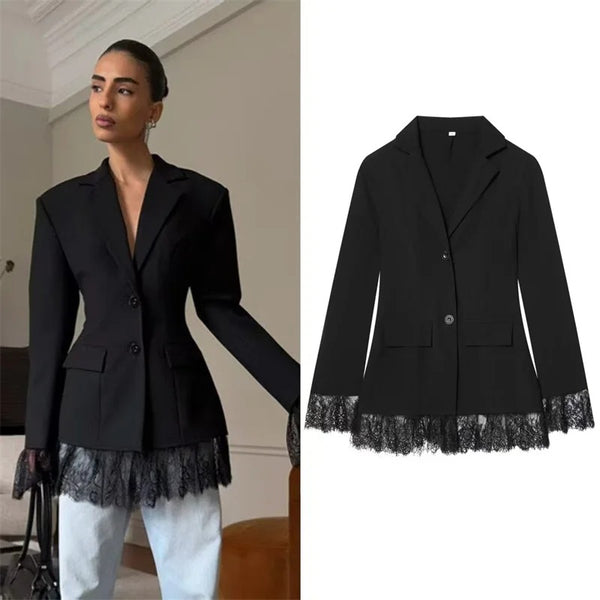 Women's Fitted Blazer with Lace Details and Long Sleeves in Black or White