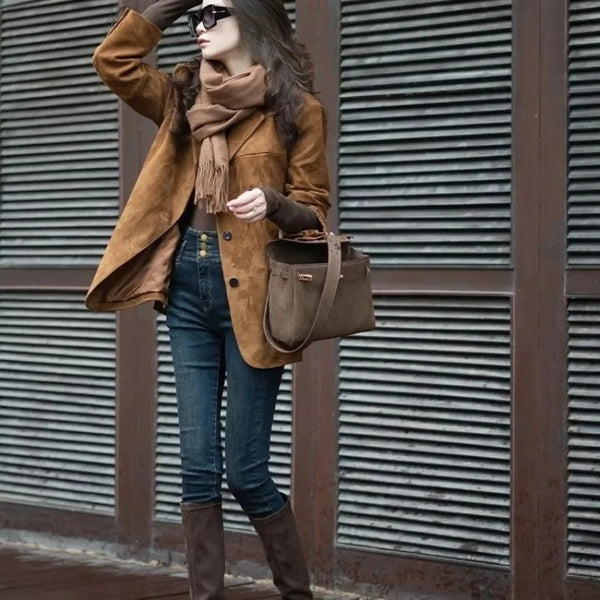 Women's Coffee-Brown Suede-Effect Blazer Jacket with a Notched Collar