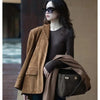 Women's Coffee-Brown Suede-Effect Blazer Jacket with a Notched Collar