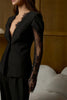 Women's Black Lace-Patchwork Blazer with a Deep V-Neck and Long Sleeves