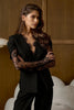 Women's Black Lace-Patchwork Blazer with a Deep V-Neck and Long Sleeves