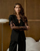 Women's Black Lace-Patchwork Blazer with a Deep V-Neck and Long Sleeves