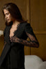 Women's Black Lace-Patchwork Blazer with a Deep V-Neck and Long Sleeves