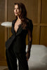 Women's Black Lace-Patchwork Blazer with a Deep V-Neck and Long Sleeves