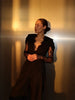 Women's Black Lace-Patchwork Blazer with a Deep V-Neck and Long Sleeves