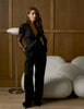 Women's Black Lace-Patchwork Blazer with a Deep V-Neck and Long Sleeves