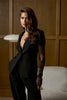 Women's Black Lace-Patchwork Blazer with a Deep V-Neck and Long Sleeves