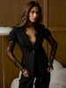 Women's Black Lace-Patchwork Blazer with a Deep V-Neck and Long Sleeves
