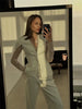 Women's Black Lace-Patchwork Blazer with a Deep V-Neck and Long Sleeves