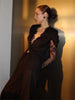 Women's Black Lace-Patchwork Blazer with a Deep V-Neck and Long Sleeves