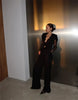 Women's Black Lace-Patchwork Blazer with a Deep V-Neck and Long Sleeves